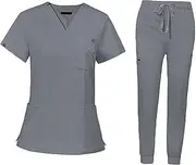 [Vaveren] Nursing Uniforms Scrub Set Workwear V Neck Tops Jogger Pants Comfortable Suit Work suits for Athletic Cosmetology Pet Shop SPA, S, Gray