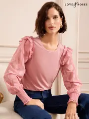 Love & Roses Blush Pink Floral Woven Sleeve Jersey Blouse (AD6967) | $30