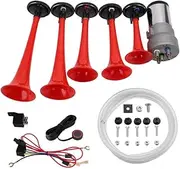 AOLIHAN Musical Air Horn Loud Five Trumpet La Cucaracha Music Sound Horn Full Complete Kit with Installation Wire and Button Red 12V (LACUKARACHA Kit)