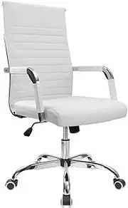 Ribbed Office Desk Mid-Back Pu Leather Executive Conference Task Adjustable Swivel Chair with Arms, White