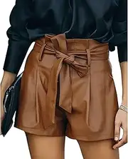 [Generic] Womens Leather Shorts Bow Tie Front PU Leather Wide Leg Shorts Black Summer Pleather Shorts