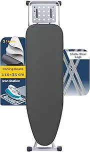 WULAR Large Ironing Board 110x33 cm, Foldable & Adjustable Height Ironing Board with Sturdy Steel Legs, Heat-Resistant Surface, Non-Wobbling Design – Ideal for Home & Laundry (Black + Silver)