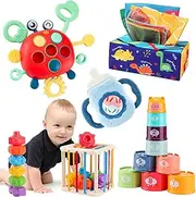KADAYAYA Baby Toys for 18 Months 5 in 1 Montessori Toy incl Shape Sorter Cube Pull String Crab Baby Rattle Toy Tissue Box Stacking Toy Toddler Baby Sensory Toy Gifts