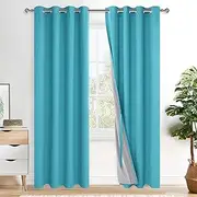 [XWZO] 100% Blackout Curtains for Bedroom/Living Room - Privacy Protection & Noise Blocking Window Drapes Grommet Top with Black Liner with Tiebacks, Teal, W132cm x D213cm, Set of 2