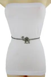 Women Silver Metal Chain NarrowWaistband Bohemian Ethnic Belt Camel Charm M L XL