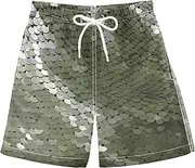 [Caihoyu] Sequins Olive Green Boys' Swim Shorts for Beach for Children Charming Boys' Swim Board Shorts for Beach 8T
