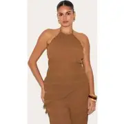 Plus Chocolate Textured Woven Backless Sheer Asymmetric Long Top, Chocolate