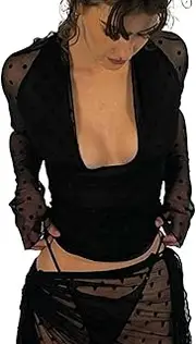 [GIYKBX] Womens Polka Dots Mesh Sexy Sheer Long Sleeve Deep V Neck Tie Up Blouse Shirt Crop Tops