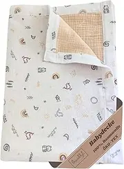 Swaddyl Muslin Blanket Baby - Pram Blanket - Summer Blanket - Baby Blanket Beige 75 x 100 cm Double Layer - Newborn Replacement (Cute Design)
