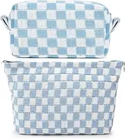 H HOME-MART 2 Pieces Checkered Makeup Bag Large Cosmetic Bag Capacity Canvas Mix Travel Toiletry Bag Organizer for Purse Portable Zipper Make Up Pouch Small Cosmetic Case