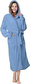 [Generic] Women's Terry Towelling Dressing Gown with Hood Fluffy Pyjamas Terry Cloth Dress Soft Nightdress Sauna Gown Bathrobe Women for Sauna Travel Loungewear, Blue-A, Small