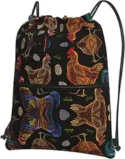 EdWal Chicken Print Print Drawstring Backpack Gym Bags Sports Bags With Zipper Pocket For Travel Beach, Black, One Size