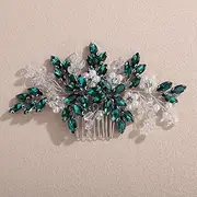Missgrace Bride Green Rhinestones Hair Comb Silver Sparkling Dainty Flower Faux Pearls Green Rhinestones Headpiece Elegant Hair Comb Hair Accessoires for Bride Women