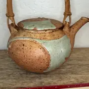 Studio Art Pottery Teapot W Bamboo Handle 6"w X 6"H, Signed Hand Made