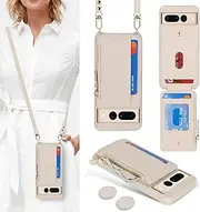 Cavor Google Pixel 7 Pro Wallet Case for Women - Crossbody Leather Case With Strap, Zipper Pocket, Card Holder - Cream