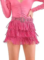 [ChiyeeKiss] Womens Sparkle Rhinestone Fringe Shorts Pants Elastic Band Skort Western Cowgirl Mini Skirt Built-in Short
