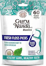 [GuruNanda] Fresh Floss Dental Picks - Non- Shred Thread with Angled Pick for Effective Plaque Removal - Dentist Recommened - Travel Friendly for Adults & Kids - 60 Pack