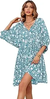 [R.Vivimos] Women's Summer V Neck Casual Dresses Lantern Sleeve Boho Floral Print Loose Flowy Mini Dress