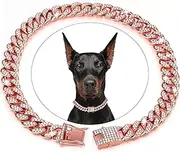 BOZILY Dog Chain Collar, Diamond Cuban Collar Walking Metal Chain Collar with Design Secure Buckle,Pet Cuban Link Dog Collar Jewelry Accessories for Small Medium Large Dogs Cats (12in, Rose Gold)