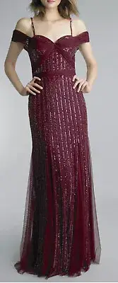 Women’s Formal Dress Size 8 BASIX BLACK LABEL Burgundy Red Cold Shoulder Sequins