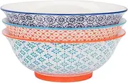 Nicola Spring Serving Bowls - 3 Colours - 20cm - Pack of 3 - Hand Printed Porcelain Patterned Dish Bowls for Pasta, Noodles, Salad, Ice Cream Dessert, Snacks