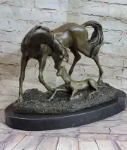 Large Bronze Horse & Colt Statue on Marble Base Farm Figurine Sculpture Statue
