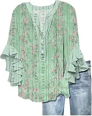 [Generic] Womens Shirts Floral Print 3/4 Sleeve Flowy Flounce Sleeves Half Button Down V Neck Elegant Chiffon Blouse Summer Tops
