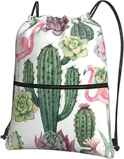 EdWal Pink Flamingo Succulent Plants Print Drawstring Backpack Gym Bags Sports Bags With Zipper Pocket For Travel Beach, Black, One Size