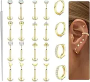 [Sanfenly] 21Pcs Threadless Earrings Flat Back Earrings 316L Surgical Steel Push in Stud Earrings Labret Studs Lip Rings CZ Opal Star ball Hoop Nose Rings - Cartilage Helix Conch Nostril Tragus Piercing