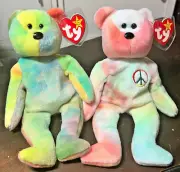 BEANIE BABIES GARCIA BEAR & PEACE BEAR, NEW, WITH TAGS AND PROTECTOR