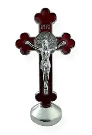 3.25" St. Benedict Silver Tone Red Enamel Mini Cross Crucifix Car Dashboard Home
