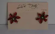 KIRKS FOLLY POINSETTIA FLOWER RED CRYSTAL POST STYLE GOLD TONE EARRINGS