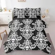 7 Pieces Queen Size Paisley Damask Comforter Set,Oriental Antique Exotic Bohemia Bedding Set for Boys Men,Halloween Skull Skeleton (Comforter+Fitted+Flat Sheet+2 Pillowcases+2 Throw Pillow Covers)