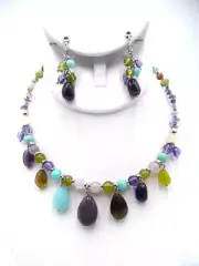 Clip on adjustable silver wire, purple, turquoise, green bead necklace set