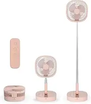 Portable Pedestal Fan - Foldaway Standing Fan Foldable Desk Fan, Use 7200Mah Rechargeable Battery, Remote Control Telescopic 4 Speed Quiet Timer Fan for Home Kitchen Outdoor Camping (Pink)