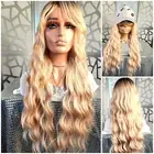 28"Long Blonde Wig with Bangs Wavy Blonde Wig Ombre Rose Blonde Long Curly Wig