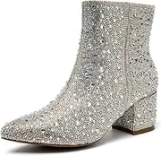 [YAYONE] Rhinestone Zipper Sparkling Ankle Boots - Glitter Pointed Toe Fashion Comfortable Shoes, Pull on Chunky Heel Western Boots