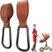 [Edibaby] Pram Hooks, Pram Accessories, Leather, Pack of 2, Universal Use, Carabiner Hooks for Pushchairs for Hanging Bags, Backpacks, Purses etc. (Brown)