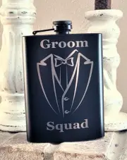 Black Stainless Steel 8 Oz Hip Flask and Funnel, Groom Squad Wedding Party Gift