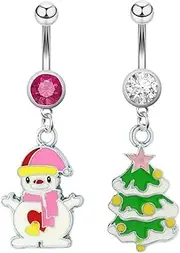 [Niaspi] 2Pcs 14G Snowman Christmas Tree Dangle Belly Button Rings for Women Silver Stainless Steel Belly Navel Rings Curved Barbells Cute Winter Christmas Xmas Body Piercing Jewelry, Stainless Steel,