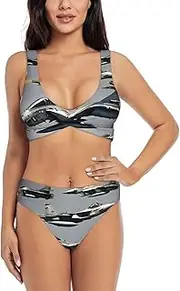 [EdWal] Aircraft Fighter Jets Print Bikini Set for Women Halter Strapless Ruched Color Block Trim Swimsuit 2 Piece for Women