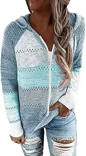 [Silunma2021] Women's Color Block Knit Hoodies Zip Up Long Sleeve Casual Drawstring Striped Jackets Fall Fashion Plus Size Sweatshirt