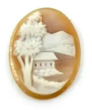 NOS Antique Hand Carved Oval Shell CAMEO Stone House & Tree Scene #KKQ