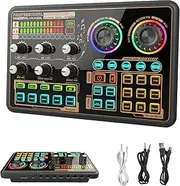 Hosabely Sound Effects Board, Audio Interface with Voice Changer and LED Lights, Live Sound Board for PC Phone Microphone, Audio Mixer for Karaoke, Streaming, Recording, Gaming