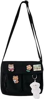 AIMALL 4 Cute Badges & Shy Bear Crossbody Bag, Harajuku Japanese Style, Ulzzang Korean Canvas Messenger Bag for Women, 13.77 x 11 x 3.93 Inches