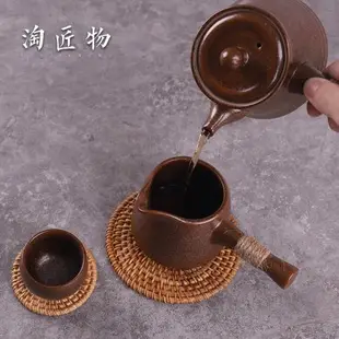 復古柴燒粗陶側把手柄茶壺