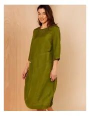 [Regatta] European Linen Blend Asymmetric Panel Dress With Contrast Top Stitch In Avocado
