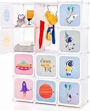 Children Wardrobe, Kid Closet Portable Baby Dresser Cute for Kids Bedroom Nursery Armoire with Doors 12 Cube 2 Hanging Sections, Kid Clothes Storage Organizer (White, 12 Cubes)