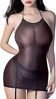 [HTRUIYATY] Women Sexy Bodystocking Shiny Body Stockings Full Body One Piece Backless Bodysuit Adjustable Nightdress Lingerie, Black, One Size