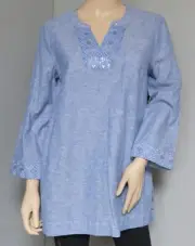 MULTIPLES WOMEN'S SIZE XS BLUE TUNIC TOP LINEN BLEND EMBELLISHED 3/4 SLEEVE NEW
